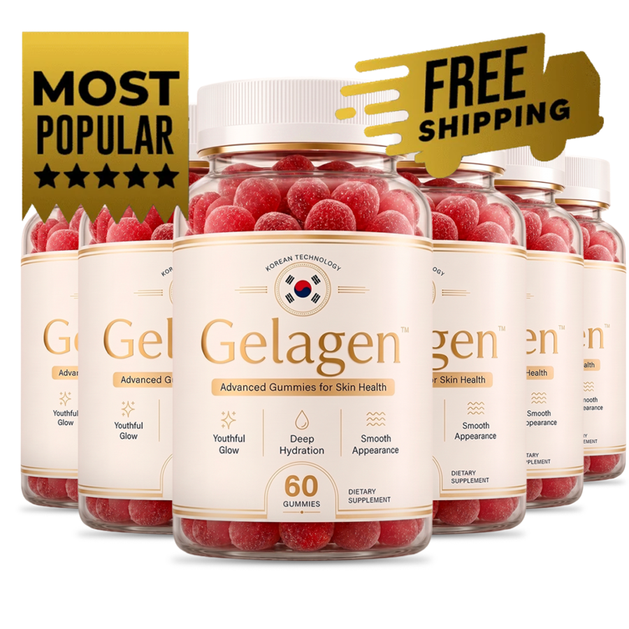 Gelagen gummy supplement bottle with visible gummies